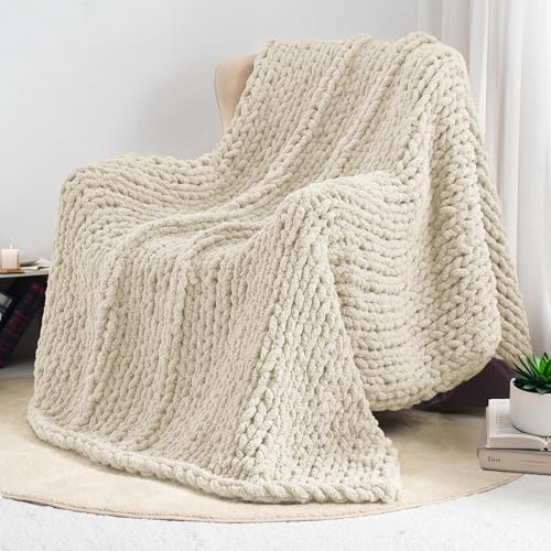 Beige Chunky Knit Throw Blanket 60x80 Inches - Handmade Chenille Bed & Couch Accessory