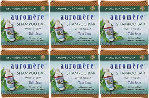 Auromere Ayurvedic Shampoo Bar with Neem & Tulsi - 4.23 Oz Pack of 6 - Multi-Purpose Natural Soap & Body Wash