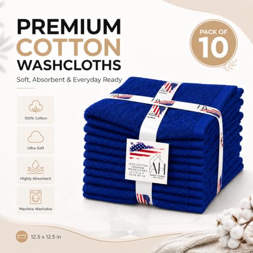 Navy Blue Washcloths Pack of 10 - 12.5 x 12.5 Inch Soft Cotton Face Towels - Variation of THIS listing