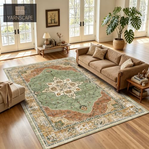 YARNSCAPE 8x10 Sage Green & Terracotta Machine Washable Area Rug - Non-Slip Low-Pile Carpet
