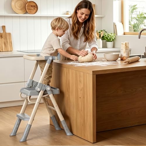 Kids Toddler Step Stool with Safety Railing & Anti-Slip Design - Foldable Kitchen & Bathroom Helper
