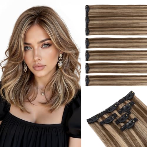 Clip-In Hair Extensions Medium Brown Mixed Dark Blonde 10 Inch - 5 Pieces Remy Human Hair