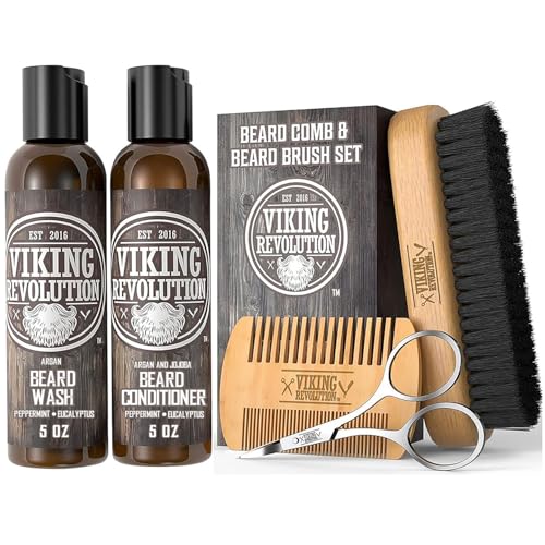 Viking Revolution Beard Brush & Wash Set with Peppermint Eucalyptus – Smoothing Grooming Kit with Comb and Conditioner