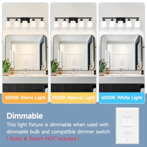 Black 5-Light Bathroom Vanity Light Fixture with Square Frosted Glass - Modern Wall Sconce Over Mirror