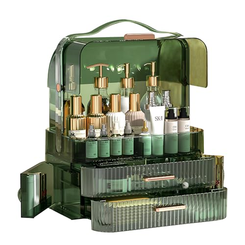 Green Portable Makeup Organizer Box with Drawers & Transparent Lid