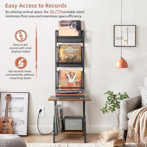 Record Player Stand with Power Outlet & Vinyl Storage - Black & Brown