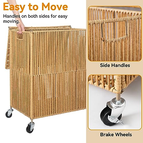 115L Rolling Laundry Basket with Wheels and Lid - Handwoven Double Compartment Hamper