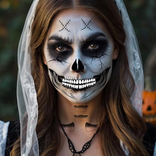 U-Goforst 2X Skeleton Face Tattoo, Skeleton Hand Tattoo Glow in The Dark, Skull Halloween Face Tattoos Hand Bones Temporary Tattoos Sticker, Classic Skeleton Makeup for Women Men Adult