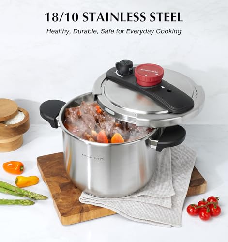 6.3 Quart Stainless Steel Pressure Cooker with Glass Lid & Steamer - Easy One-Hand Lock, Induction Compatible