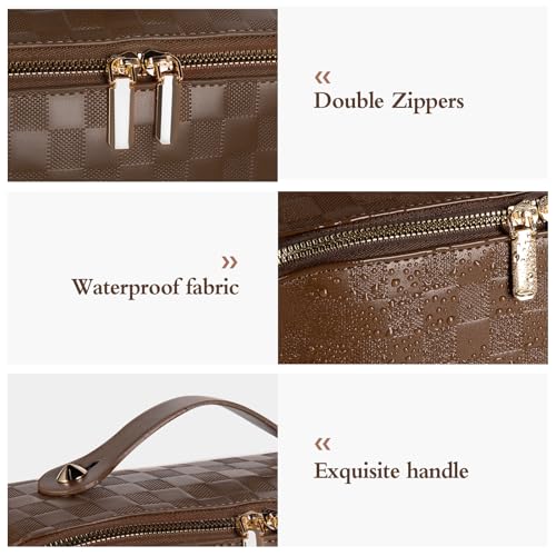 Travel Makeup Bag Large Capacity Waterproof Cosmetic Organizer with Divider - Checkerboard Brown