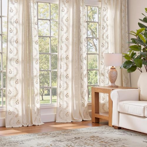 Farmhouse Linen Curtains with Floral Embroidery - 2 Panels, 63 Inch Length