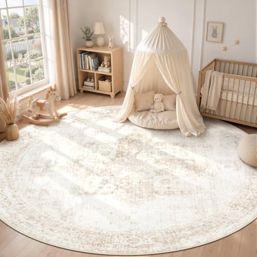 8ft Washable Round Rug with Non-Slip Backing - Vintage Boho Medallion Carpet for Living Room & Bedroom - Beige