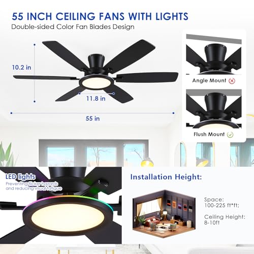 Black 55in RGB Flush Mount Ceiling Fan with Remote & Dimmable Light