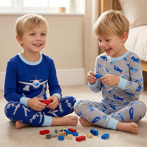 Children's Boys Pajama Set 4 Pieces Long Sleeve Cotton Sleepwear - Blue Grey Airplane Variation 2T