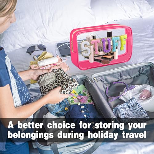 Preppy Patch STUFF Makeup Bag Chenille Letter Cosmetic Bag for Women, Transparent PVC Zipper Patch Bags Organizer Waterproof Portable Travel Makeup Bag for Women Girls Teens(Pink)