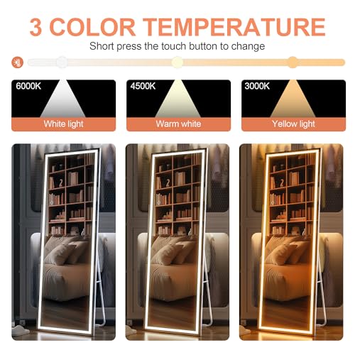 White Full Length Mirror with LED Lights, 56 x 16 Inches Dimmable & 3 Color Modes
