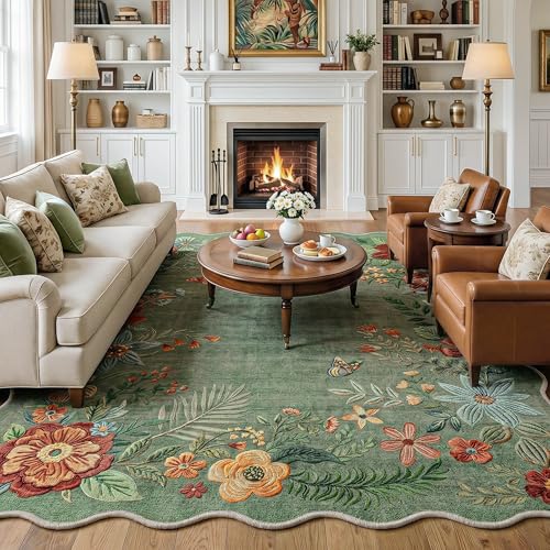 6x9 Washable Sage Green Floral Area Rug - Embroidery-Inspired Vintage Design