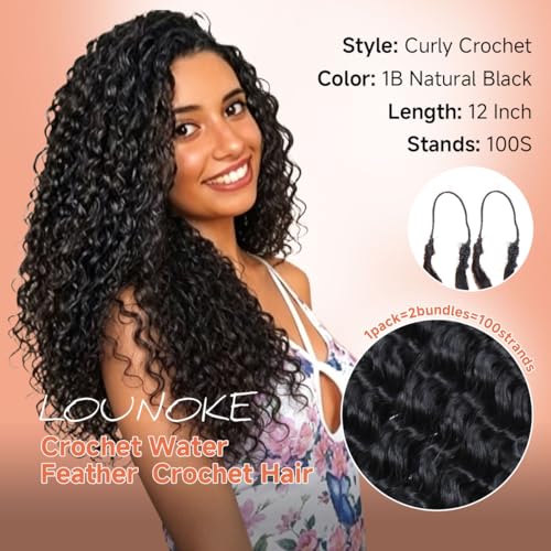 Lounoke Deep Wave Feather Crochet Hair 12in 1B Human Hair Blend, Natural Look