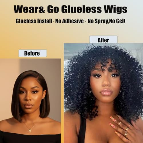 Semicaop Curly Wig human hair 12 Inch with Bangs 100% Glueless None