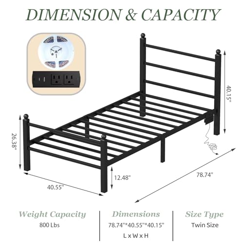 Black Twin Bed Frame with Charging Station & RGB LED Lights, Heavy Duty Slats, Easy Assembly