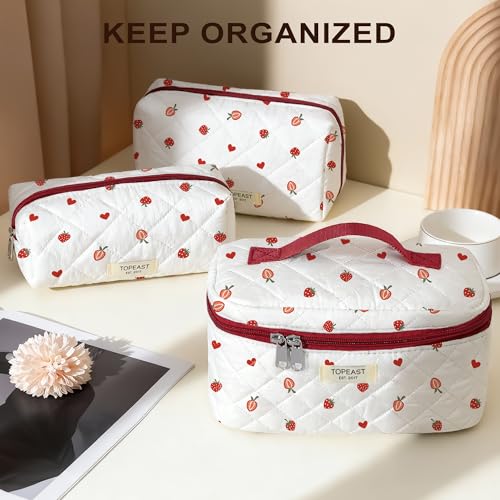 TOPEAST Makeup Bag, Large Quilted Cosmetic Bag, Big Floral Make Up Bag for Women Girls, Cute Cotton Makeup Bag Set, Flower Travel Toiletry Organizer Bag, Zipper Portable Cosmetic Pouch
