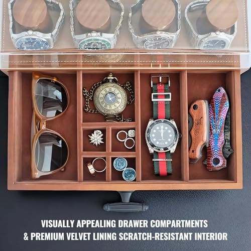 Cologne and Watch Organizer Walnut Brown ? Wooden Perfume Display Stand with Jewelry Storage Drawer, Velvet Lining, Hidden Compartment ? Large Cologne Holder ? Gift Box Included