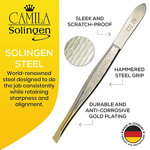 CS29 3 1/2" Gold Tipped, Surgical Grade, German Stainless Steel Tweezers (Slanted) - Flawless Eyebrow and Facial Hair Shaping and Removal for Men/Women
