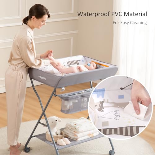 Maydolly Baby Changing Table with Wheels - Light Grey Portable Adjustable Diaper Station & Storage Rack