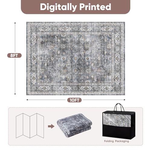 Large Washable Non-Slip Vintage Area Rug 8x10 - Grey, Boho Style