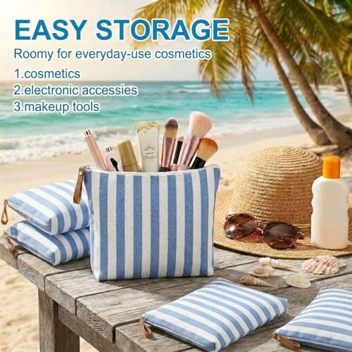 Blue Striped Makeup Bags Bulk Set - 12 Reusable Canvas Cosmetic Organizers