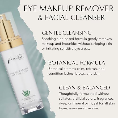 Xtreme Lashes Eye Makeup Remover & Facial Cleanser 4 Fl Oz - Gentle Lash Extension Safe Face Wash with Aloe Vera & Botanicals