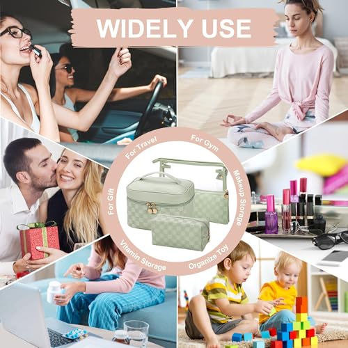 Waterproof Leather Makeup Bags Set of 4 - Green Variation - Travel Organizer for Cosmetics & Toiletries