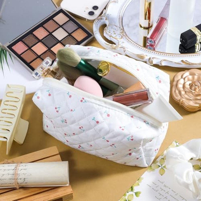 12 Pcs Cotton Quilted Makeup Bag for Women Girls Small Quilted Makeup Bag for Women Coquette Aesthetic Makeup Pouch Floral Cotton Cosmetic Bag Travel Toiletry Bag Organizer for Her Mom Friend Sister