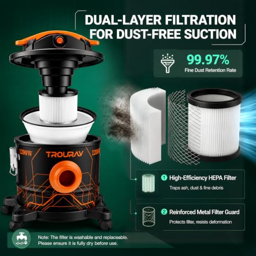 20L Ash Vacuum for Pellet Stoves 1200W Super-Powered Suction with Metal Canister