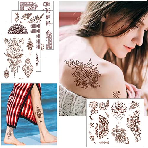 10 Pcs Henna Tattoo Kit Temporary Tattoo Adul Stickers Lace Pattern Fake Tattoos Henna Sticker for Women Girls DIY on Body Face Arms Legs Brown