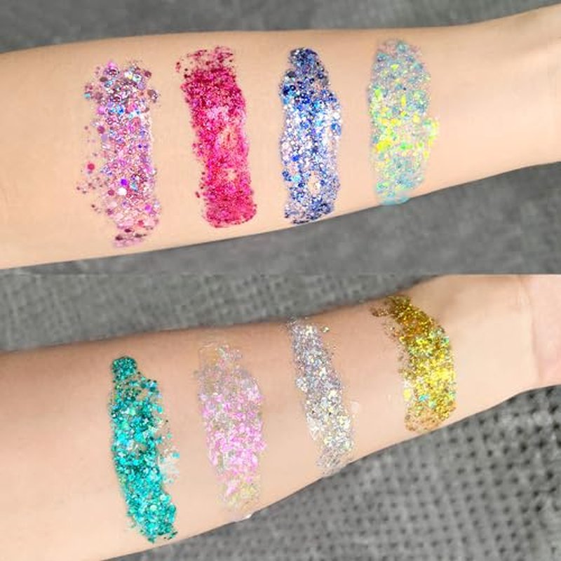 8PCS Face Glitter Gel, Holographic Body Glitter Gel for Hair, Body, Face, Lip, Eyeshadow, Glitter Face Paint, Chunky Glitter for Makeup, Sparkling Glitter Makeup for Concerts Music Festival Rave