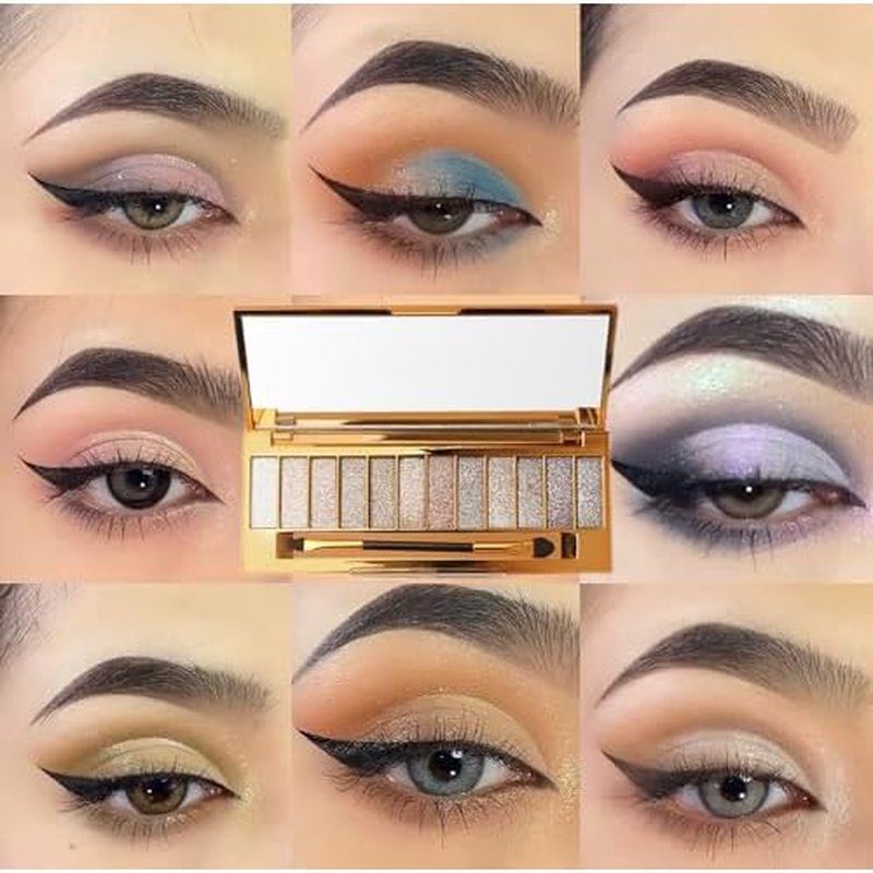 Glitter Eyeshadow Palette 12 Color Sparkle Waterproof Shimmer Make Up Palettes with Brush Mirror Highly Shining Pigmented Eyeshadow Palette for Date Party Dance Makeup (6# Daily Natural Color)