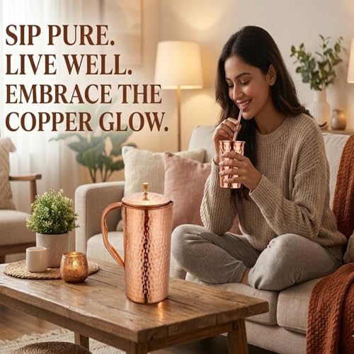 Taluka Handcrafted Copper Water Pitcher with Lid & Tumblers - 70oz / 2000ml