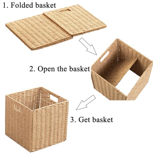 Set of 4 Foldable Hand Woven Storage Baskets with Handles - 13x13x13 Inches, Natural