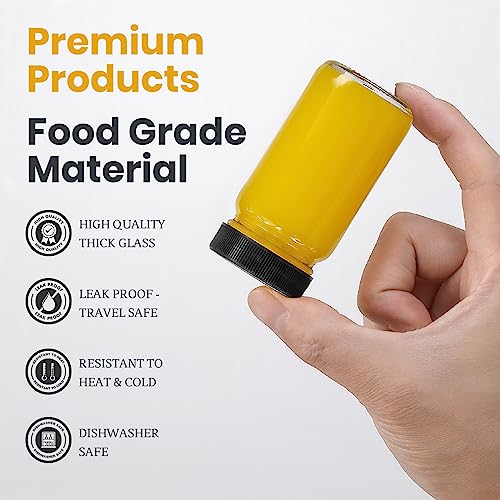 LANDNEOO 30 Pack 2oz Glass Shot Bottles with Black Cap - Wide Mouth, Leakproof, Dishwasher Safe, Travel Essentials