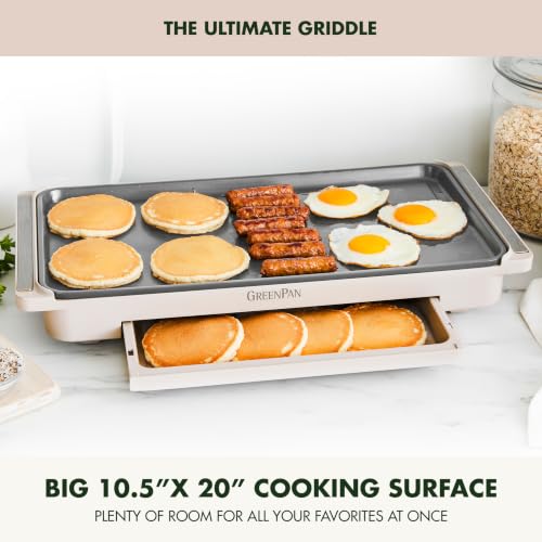 Electric Griddle 10.5x20 Inch with Warming Drawer - Ceramic Nonstick, PFAS-Free, Adjustable Temperature, Dishwasher Safe, Clay