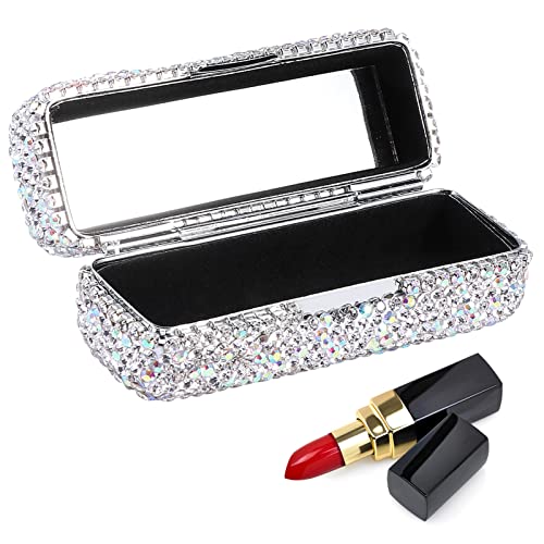 Rhinestone Lipstick Case with Mirror Bling Crystal Lipstick Case Diamonds Makeup Cosmetic Storage Box Holder for Purse(COLOR:White)