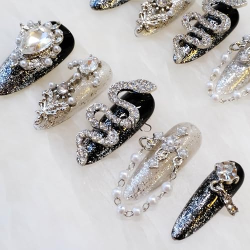 Luxury Long Almond Press-On Nails, Black and Silver Glitter with 3D Rhinestones and Pearl Accents, Handmade False Nail 10 Pieces (Small, LS)
