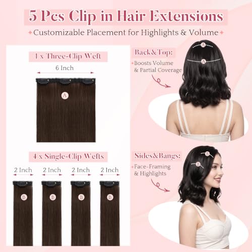 Clip In Short Hair Extensions - Real Human Hair 14 Inch Dark Brown 2R - Easy Volume & Highlights
