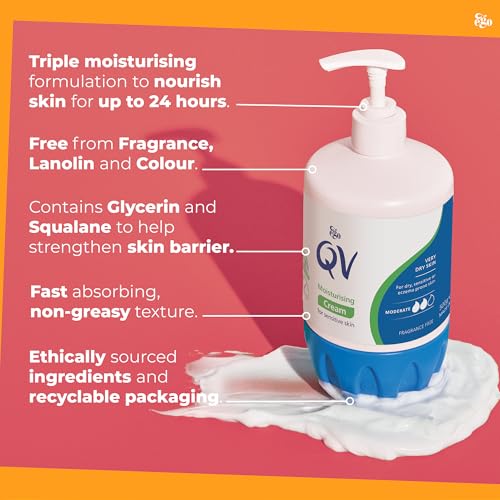 QV Cream with 10% Glycerin (500g) Rich Protective Moisturiser for Sensitive Dry Skin Fragrance Free Noncomedogenic Body Cream Hydrating Skin Care for Eczema Psoriasis Dermatitis Pump Dispenser Bottle