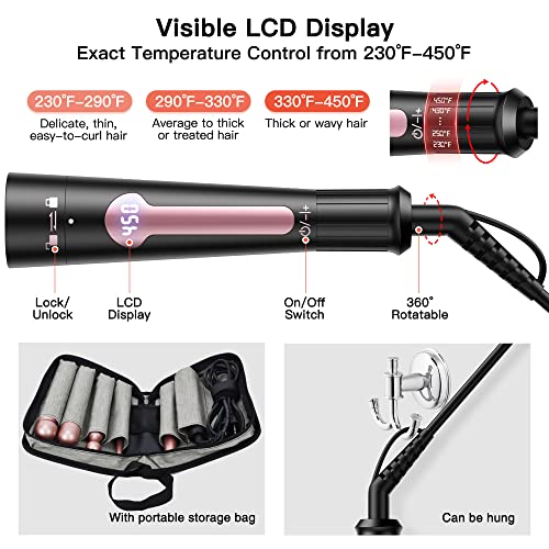 Professional 5-Piece Curling Iron Wand Set with LCD Display and Tourmaline Ceramic Coating