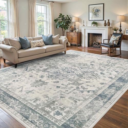 8x10 Blue & Grey Boho Vintage Area Rug - Machine Washable, Non-Slip, Low-Pile for Living Room