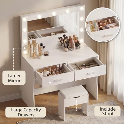 Pure White Vanity Desk with Lighted Mirror, 11 LED Lights, 2 Drawers & Stool