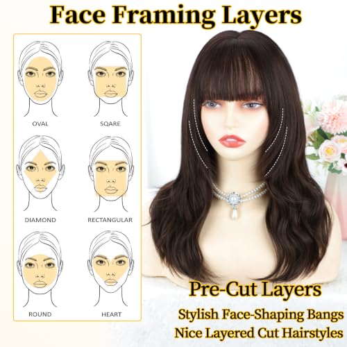 Lativ Dark Brown Wavy Wig with Bangs for Women Synthetic 18-Inch Layered Hair