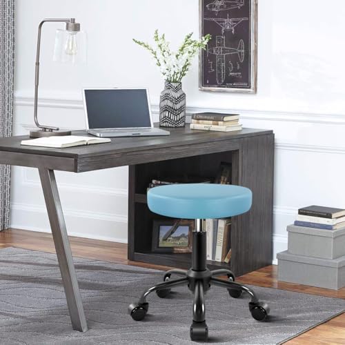 KKTONER Round Rolling Stool Height Adjustable Stool PU Leather Chair with Wheels Salon Spa Drafting stools Small Sky Blue
